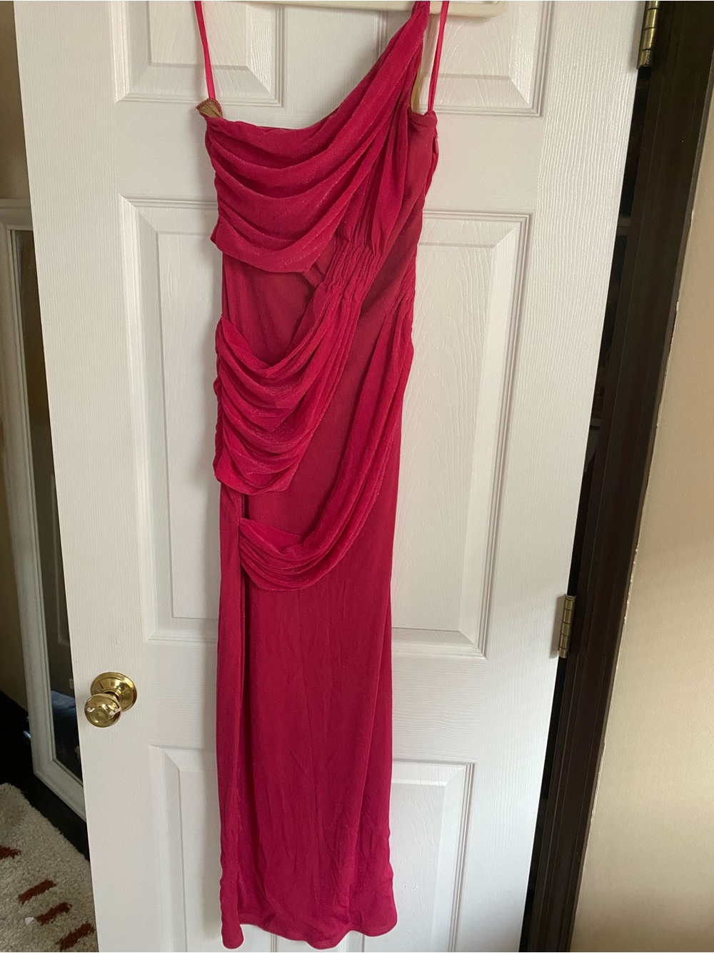 JLUXLABEL One-Shoulder Draped Fuchsia Evening Gown
